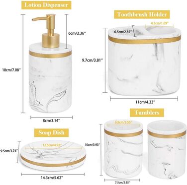 Набір аксесуарів для ванної кімнати 5 шт. з імітацією мармуру (білий + золото/чорний), включає: дозатор мила, стакан для зубної щітки, мильниця, тримач для зубних щіток, набір для ванної кімнати