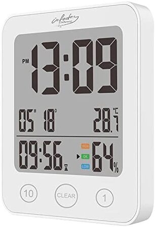 infactory Bathroom Radio Clock: Digital Bathroom Radio Wall Clock with Thermometer, Aluminum, Suction Cups, IP24 (Bathroom Radio Clock Digital, Clock, Gift Ideas) (1 piece, square)