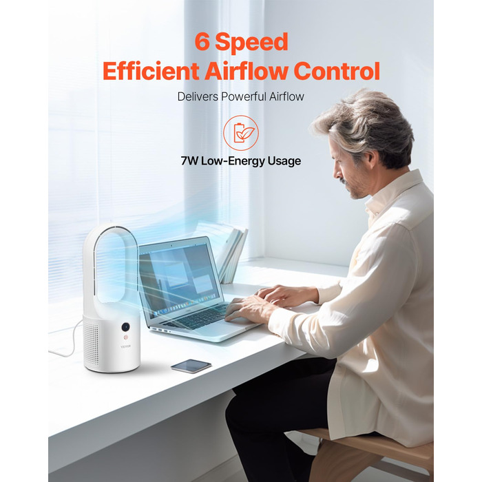 Безлопатевий вентилятор VEVOR 330 мм, портативний USB-вентилятор, 6 режимів, тихий, з LCD-дисплеєм, для дому, офісу, дитячої кімнати