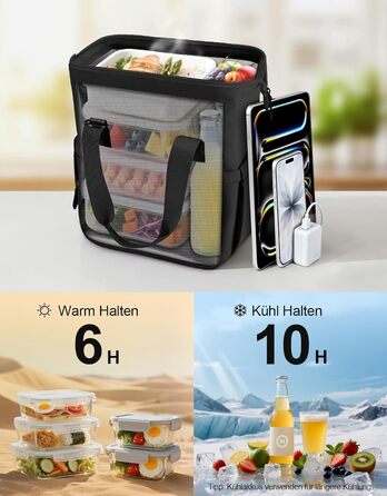 Чохол-холодильник 20 л, чорний: ізольована сумка-ланчбокс з PEVA-підкладкою, водонепроникна, з кількома відділеннями та плечовим ременем – для роботи, школи, авто, пікніка