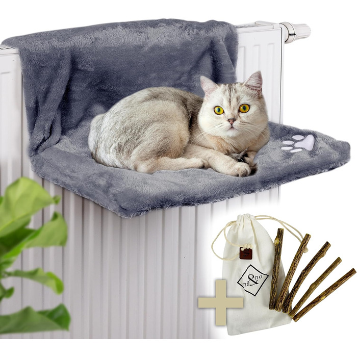 NEO CAT BED FOR RADIATORS incl. 5 Matatabi Sticks | COZY RADIATOR BED | suitable for all radiators | Cat hammock for radiators, | free from harmful substances | with removable liner (Anthracite)