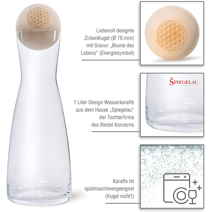 Zirben Familie® The Original ZirbenKugel Set Water Carafe | Imparts a special touch to your water | 1 Liter SPIEGELAU carafe made of crystal glass with a Swiss stone pine wood lid | Flower of Life Edition