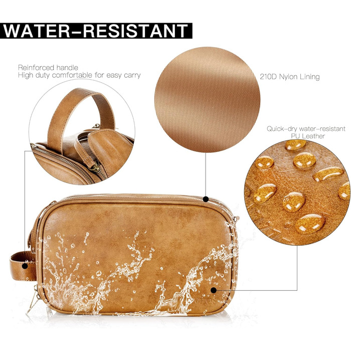 Чоловічий туалетний набір Elviros, подарунок для чоловіків, водонепроникний з PU-шкіри, велика відкрита сумка для подорожей, підходить для подорожей, ділових поїздок, фітнесу, ванної кімнати, колір: тоffee, розмір: L 30,5 x 17 x 18 см