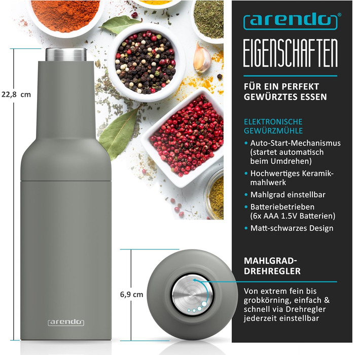 Arendo - Electric Salt and Pepper Grinder Set - 2 Piece - One-Handed Operation - Grinds Automatically When Tipped - Salt and Pepper Dispenser - Spice Grinder with Ceramic Grinding Mechanism - Grind Settings Infinitely Adjustable