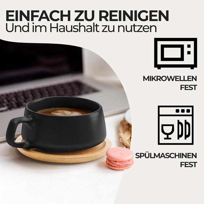MIAMI - Set of 4 x 320 ml Coffee Cups/Cappuccino Cups with Saucers/Elegant/Modern/Coffee Cups made of stoneware - Luxe Collection 4-Piece Set (Black)