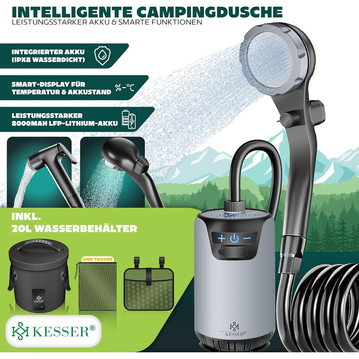 Соняшна душова кабіна KESSER® з насосом та акумулятором 8000mAh | 20L комплект для кемпінгу з регульованим душем, шлангом 2м, пістолетом-розпилювачем та кріпленням