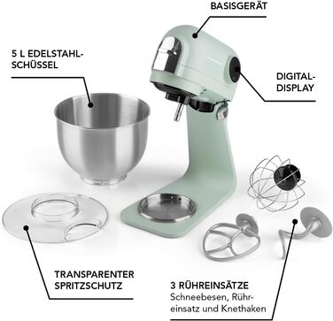 Gourmetmaxx Kitchen Machine & Mixer | Planetary Kitchen Assistant with Digital Display incl. Mixing Bowl and Attachments | Powerful Mixer with Whisk and More | Electric Stand Mixer Green