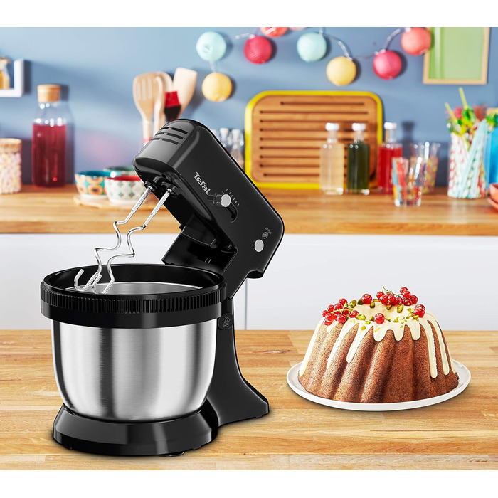Tefal QB1108 Oh My Cake Stand Mixer | 300 Watt | Satellite Whisk | 4-Liter Stainless Steel Bowl | Compact Size | 5 Speeds | Includes 2 Whisk Beaters, 2 Dough Hooks | Black