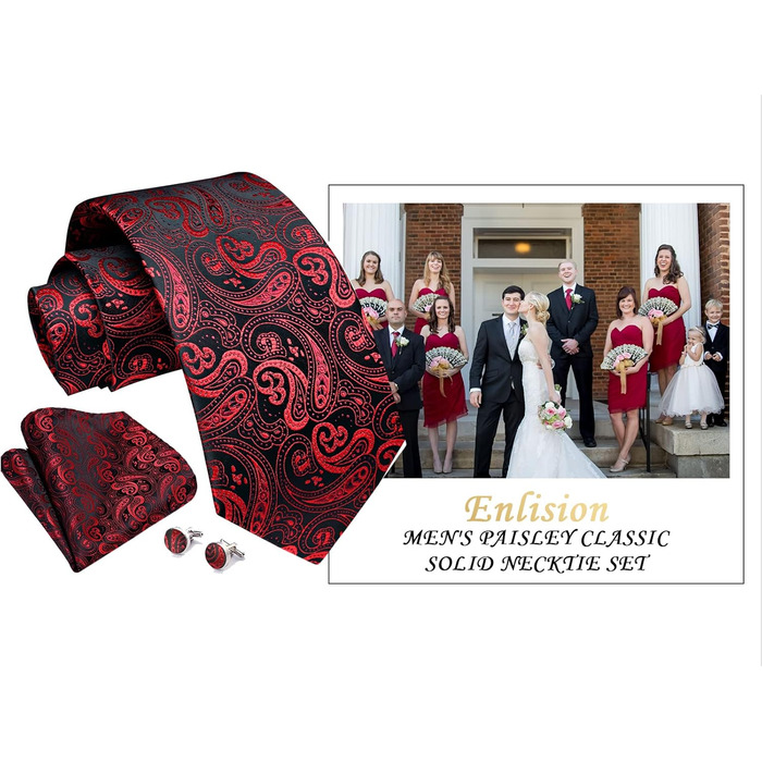 Чоловіча краватка Enlision Paisley, комплект з нагрудною хусткою та запонками, формальна, бізнес, червоно-чорна