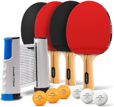 PRO SPIN Table Tennis Set with Net - Mobile Table Tennis Net, 3-Star Table Tennis Balls, Case & Paddles | Perfect Gift Set for 4 Players