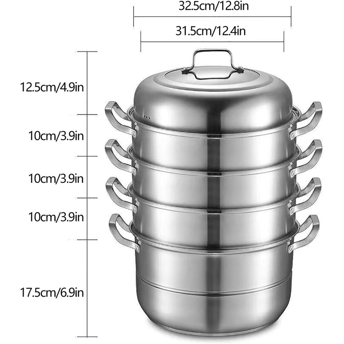 Пароварка SABUIDDS 32 см з 5 ярусами, з нержавіючої сталі, з кришкою з термостійкого скла, для всіх типів плит (індукція), для приготування кускусу та інших страв