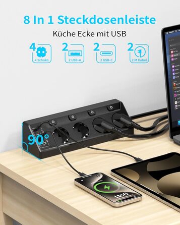 Мережевий адаптер з захистом від перенапруги Eck з USB-C, 6 розеток, 2м кабель (4000W, 16A), розподільний блок для кухні, офісу (4 розетки, чорний)
