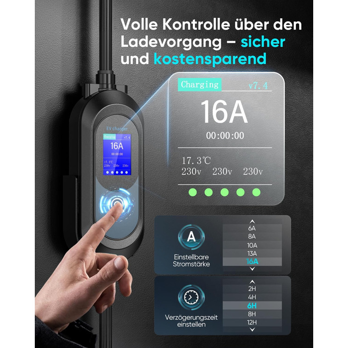 Мобільна зарядна станція для електромобіля 11 кВт (3 фази, IP67, 6-16A, 6м) з кабелем CEE 16A на Typ 2. Регульована потужність, CEE-розетка. Комплект: сумка + кріплення на стіну