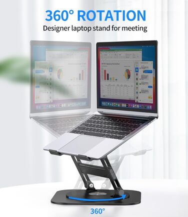 AOEVI Adjustable Laptop Stand with 360° Swivel Base - Ergonomic Foldable Laptop Riser for Desk - Compatible with MacBook Pro/Air & Notebooks up to 16 inches - Black