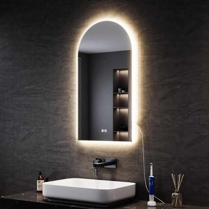 Дзеркало для ванної кімнати SONNI з підсвічуванням 80x60 см, 3 кольори світла, проти запотівання, LED, сенсорне керування, годинник, температура, 3-кратне збільшення