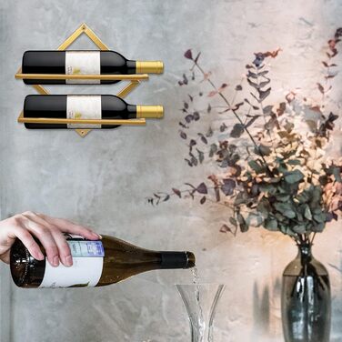 2pcs Metal Wall Mounted Wine Holder Stemware Glass Rack, Foldable Wall Hanging Red Wine Shelf Organizer with 3 Stem Glass Holders, Black Wine Bottle Hanger for Home Kitchen Bar Wall Decor (Gold A)