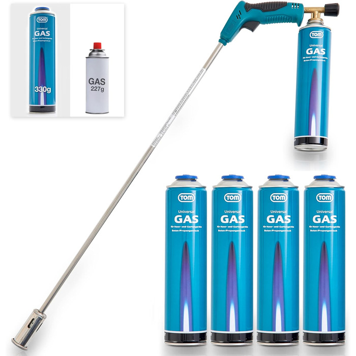 TOM Weed Burner Set + 4 x 330 g Universal Gas Cartridge with Screw Thread 600 ml – Flaming Device ideally suited for weed removal on paving stones, sidewalks, and paved joints. Grill lighter, Blue