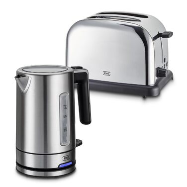 Набір для сніданку KHG: чайник та тостер, нержавіюча сталь, сріблястий, об'єм 1 л, 2 слоти, точний вилив, поворотний на 360°, 6 рівнів підсмажування, функції підігріву, розморожування та для багелів, з підспівачем для крихт