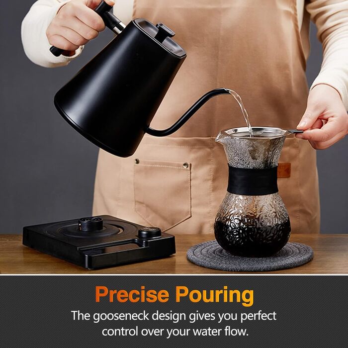 Fityou Electric Gooseneck Kettle - Temperature Control, 1200W, 1L Capacity, Fast Boiling, LED Digital Display, Celsius/Fahrenheit Conversion, for Specialty Coffee & Tea, Matte Black
