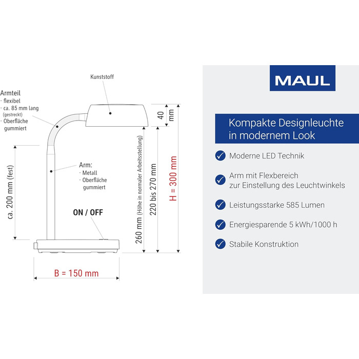 Світлодіодна лампа для столу MAULjoy | Лампа для офісу та дому | Регульована LED лампа з теплим білим світлом 3000K | Висота 33.5 см | Сучасний дизайн