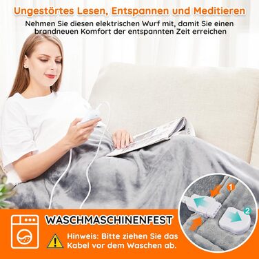 Електрична ковдра Mia&Coco з автовимкненням 180x130 см, 10 рівнів нагріву, таймер 9 годин, захист від перегріву, машинне прання, фланель, для ліжка, дивану та вітальні, сіра 130x180 см