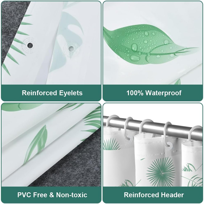 Шторка для душу URAQT, антибактеріальна, водонепроникна, швидковисихаюча, PEVA, 180x180 см, 12 кілець, біла