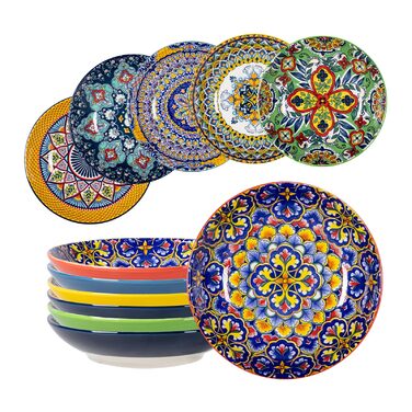HENXFEN Набір супових тарілок з порцеляни, 700мл, 6 шт. Яскраві тарілки для супу, пасти, салату, фруктів - Богемний стиль