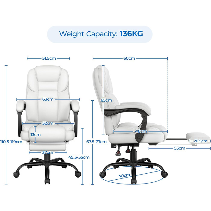 Ергономічне крісло Yaheetech для офісу, шезлонг з підставкою для ніг, комп'ютерне крісло з регульованими підлокітниками, висока спинка, регульована висота (Білий)