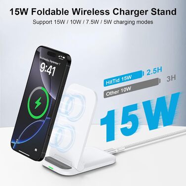 Бездротова зарядка 15W Stand для Samsung Galaxy S25 Ultra, S24 FE, S23, S22, S21, S20, Z Flip6, Google Pixel 9 Pro, 8, 7, 6, iPhone 16, 15, 14 - швидка складна зарядка (білий)