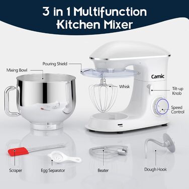 Stand Mixer Dough Mixer Camic 1500W 8L Stand Mixer Whisking Device Multifunction Mixer Quiet, Powerful, and Professional, 6 Speeds with Pulse, Stainless Steel Bowl (White)