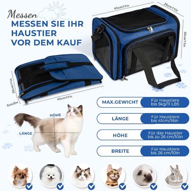 Транспортна сумка для кота та собаки, переноска для собак, складана переноска для котів, портативна переноска, до 5 кг, для середніх собак та котів (M, L 43 x B 28 x H 28 см, темно-синій)