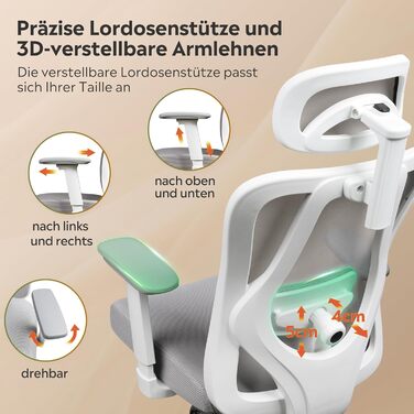 Офісне крісло Devaise: ергономічне крісло з регульованою спинкою, підголівником та поперековою підтримкою, 3D підлокітниками, 3-ступеневим нахилом та дихаючою сіткою для дому та офісу, біле
