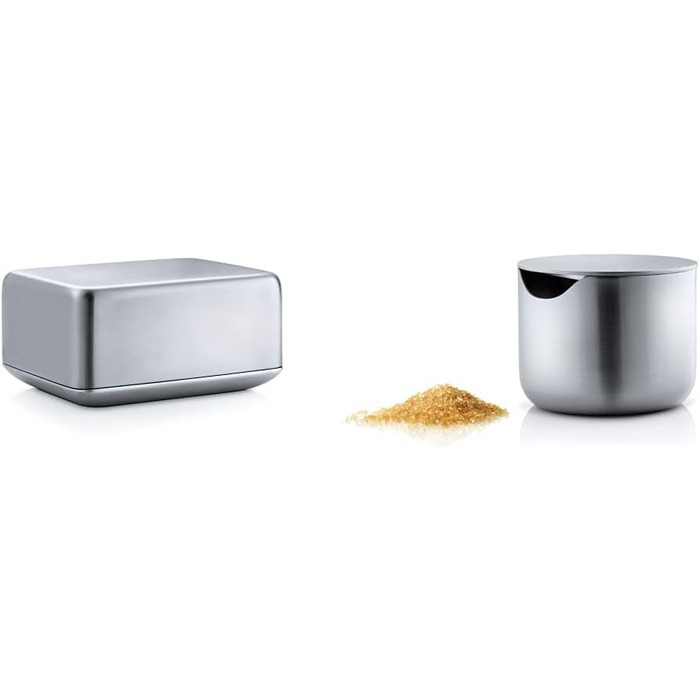 Blomus 63638 Basic Butter Dish, brushed stainless steel, medium & -BASIC- Sugar Bowl made of brushed stainless steel, sugar container ideal for white / brown sugar, timeless design, dishwasher-safe vessel