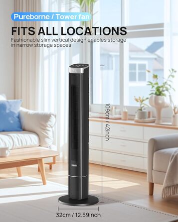 Вентилятор Pureborne Leiser: Турбо-вентилятор з осциляцією 90°, Wi-Fi, пульт, 4 режими, таймер 12 год, чорний, 102 см