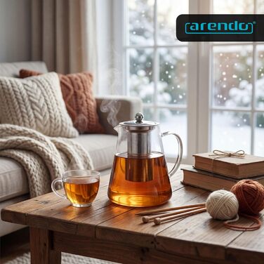 Чайник скляний Arendo з ситом 1200 мл – з боросилікатного скла, нержавіюча сталь, сито дрібного плетіння, термостійкий, для листового чаю, трав'яного чаю, фруктового чаю, чайник-заварник, довговічний
