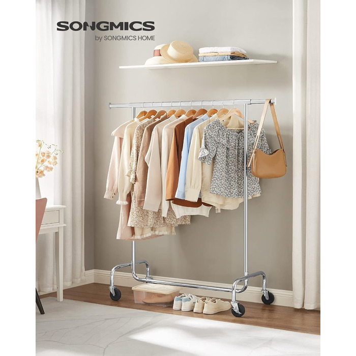 SONGMICS Clothes Rack with Wheels, Garment Rack, Heavy-Duty, Extendable Clothes Rod, Holds up to 130 kg, 45 x (110-150) x 162.9 cm, Metal, Chrome, Silver HSR11S