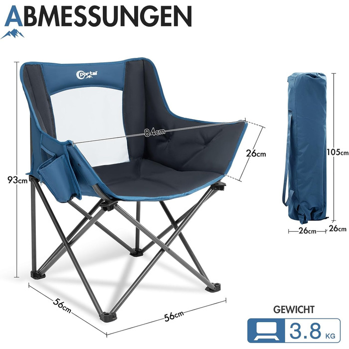 Крісло для кемпінгу складне, XXL, з підлокітниками, 150 кг, блакитне