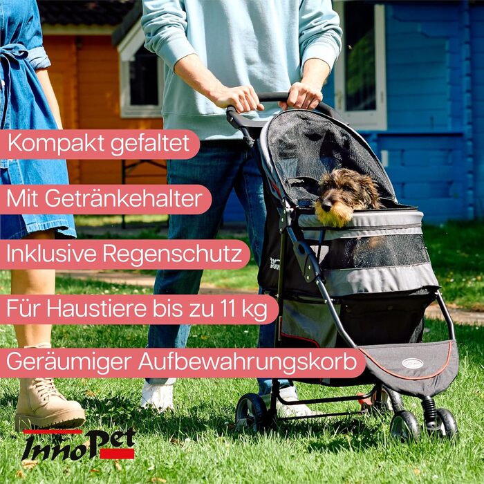 Buggy Innopet Avenue: Легкий візок для собак та котів сірого/червоного кольору - компактний, з дощем, з ліштою та кошиком для зберігання