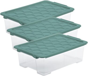 Rotho Evo Safe Keeping Storage Boxes with Lid, Plastic, Turquoise/Transparent (30l, 3-Piece Set)
