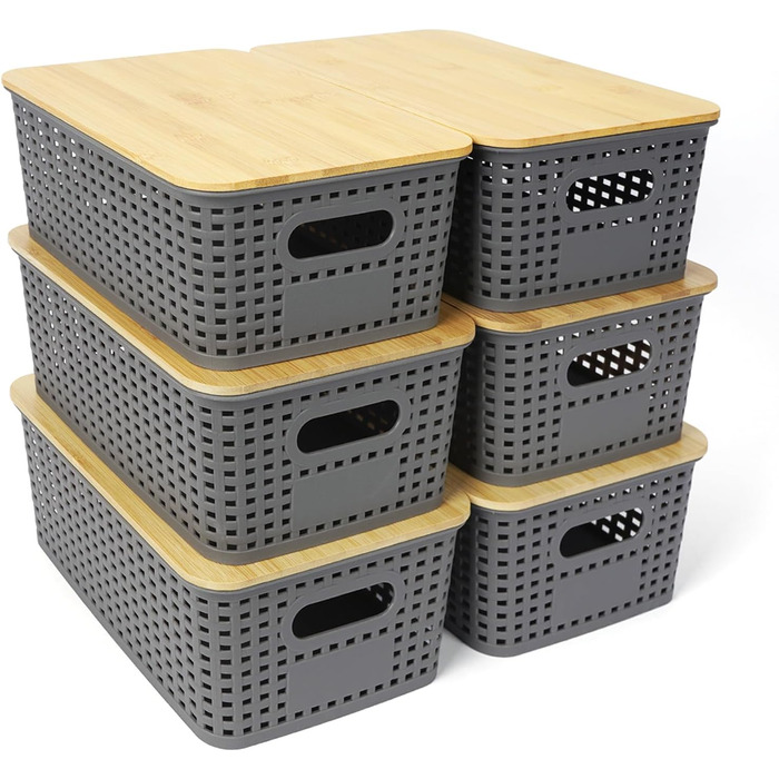 UHAPEER Storage Box with Bamboo Lid, 6 Pack Storage Basket, Plastic Basket Storage, Kitchen Organizer White, Stackable Storage Boxes, Box with Lid 25.6 x 18 x 10.7 cm (Gray)