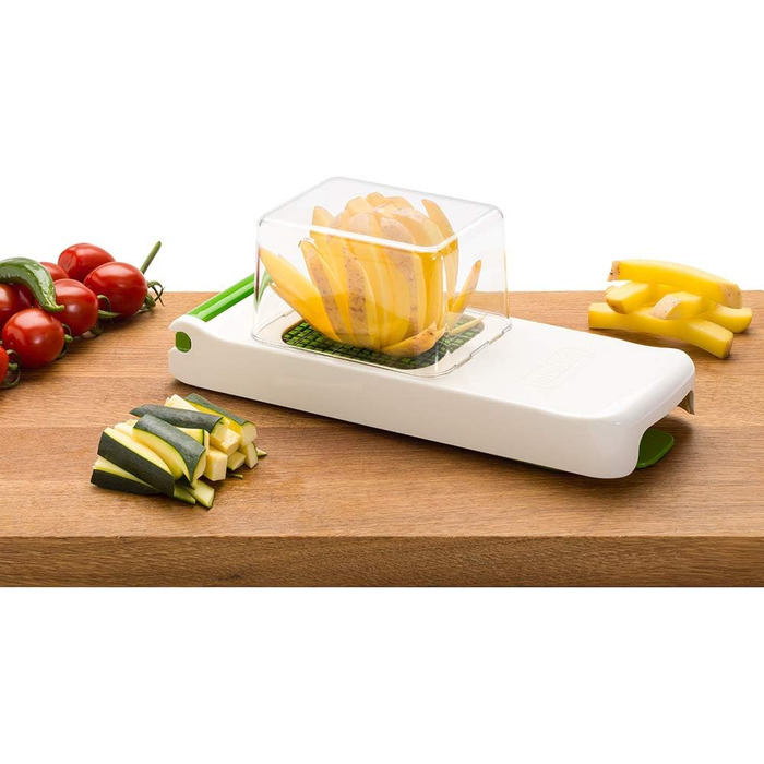 ALLIGATOR 3002 - 3-in-1 Multifunction Cutter - Vegetable, Onion, and French Fry Cutter - 3 Interchangeable Blades - 3x3 mm, 6x6 mm, 12x12 mm - BPA-free - White and Green