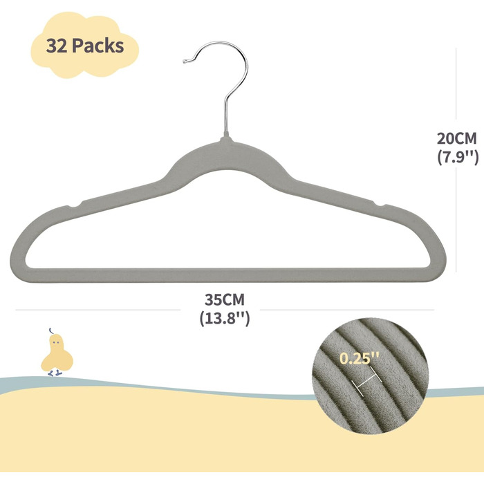 ManGotree 35cm Kids Velvet Clothes Hangers, Ultra-Thin Children's Clothes Hangers with 360° Swivel Hook, Non-Slip Felt Pads for Teens, Sturdy and Durable (32 Pack, Grey)
