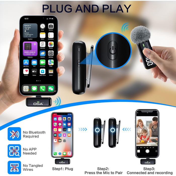 OSA Бездротовий петличний мікрофон: професійний комплект з двома мікрофонами, Plug-and-Play, для iPhone, Android, камери, ПК, з зарядним кейсом