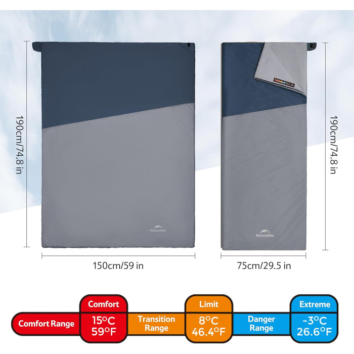 Спальний мішок Naturehike Ultraleicht: ультралегкий, 680/760g, для 3 сезонів, 190x75/205x85 см, для походів, рюкзаків, кемпінгу, комфортна температура 15°C, колір зелений XL (темно-синій/світло-синій)