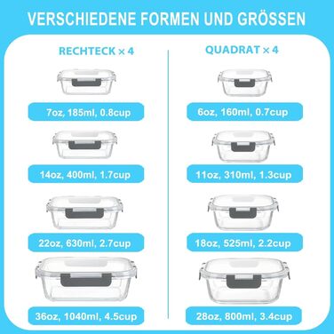 Набір скляних контейнерів для зберігання їжі Borosilikatglas 20 шт. (5x 1040 мл, 5x 370 мл) - для мікрохвильової печі, приготування їжі, духовки, витокостійкі