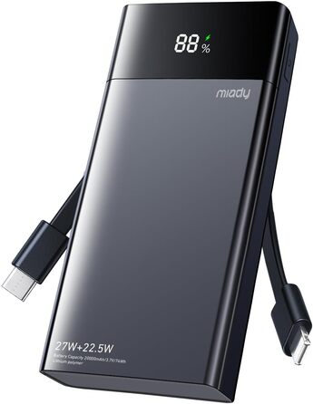 Power Bank Maidy 20000mAh з USB-C кабелем, 27W швидка зарядка, сумісний з iPhone, Galaxy, Xiaomi, iPad, Switch