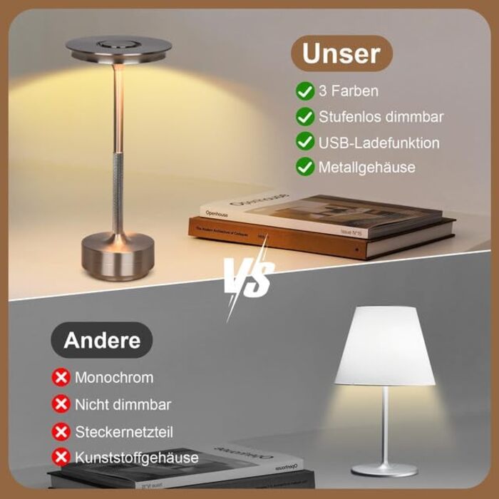 Бездротова LED лампа Rosnek: регульоване освітлення, 3 колірні температури, USB-C, срібло