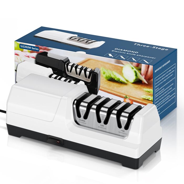 Електричний точило для ножів професійний 3-х ступінчастий з захистом від перегріву, тихий мотор, швидке заточування кухонних ножів (білий)