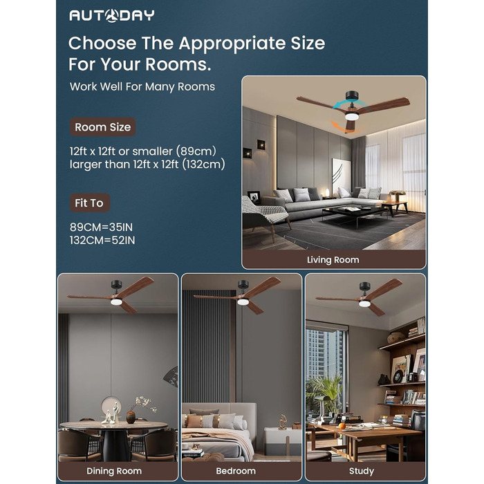 Стеляний вентилятор з дерева з підсвічуванням, 90 см, тихий DC-двигун, 6 швидкостей, пульт з пам'яттю, таймер, 24W LED, регулювання яскравості