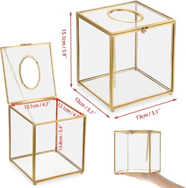 SUMNACON Glass Face Tissue Box Clear Gold Paper Box Holder, Square Napkin Box Storage Tissue Paper Box Organizer, Decorative Cube Tissue Box for Face Tissues, Napkin